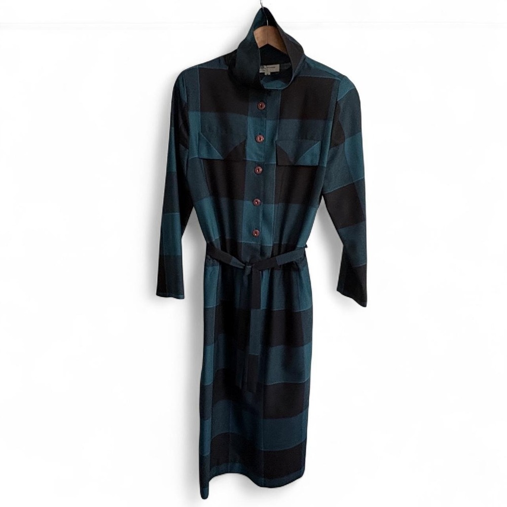 Womens Vtg 80s Wool Dress 8 Teal Black Plaid Dark Academia Office Siren Belted